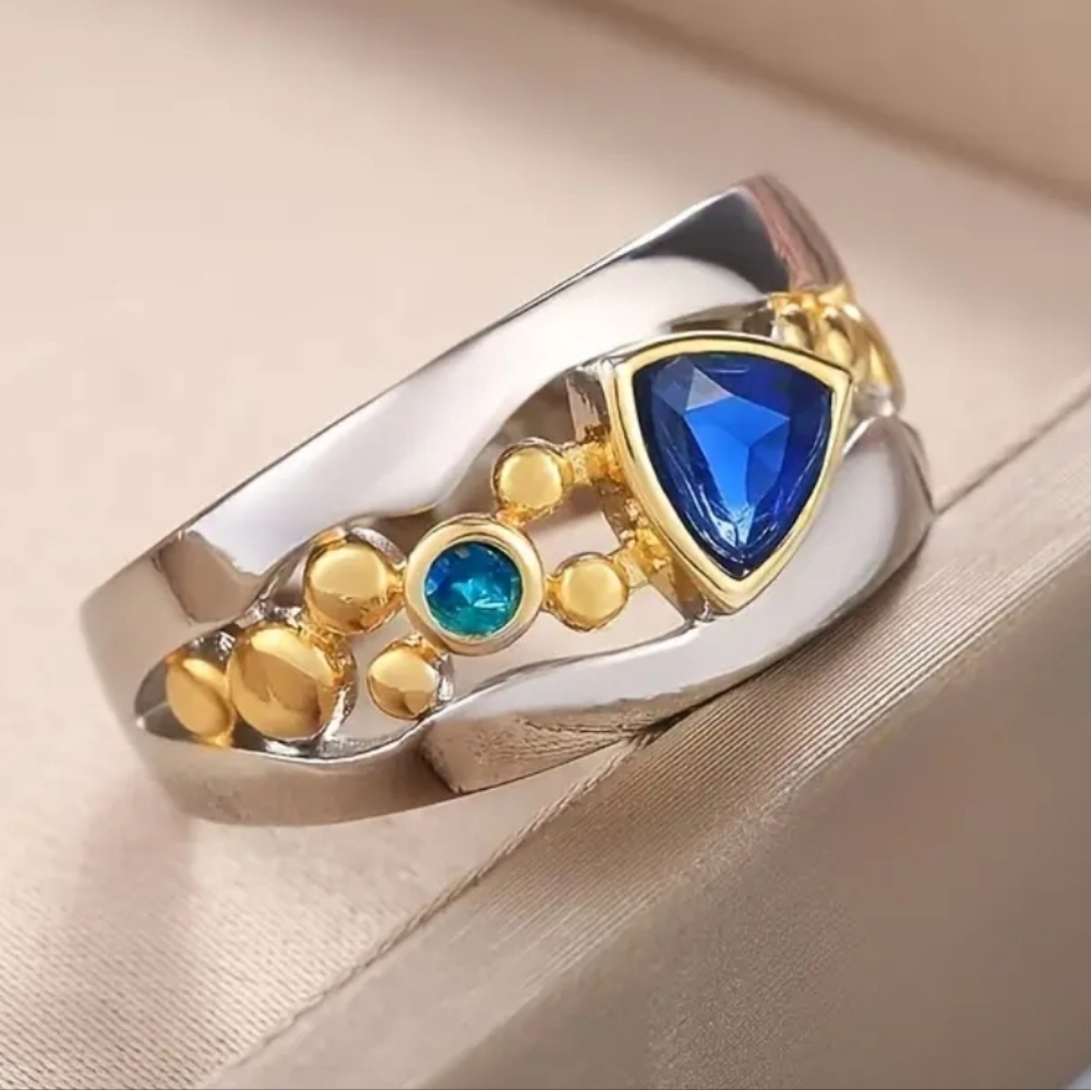 Unisex Silver Ring with Blue and Gold Accents Sz 10